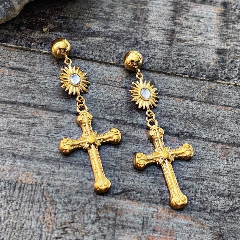 NEW Gold Gothic Cross Dangle Earrings - Picture 4 of 9